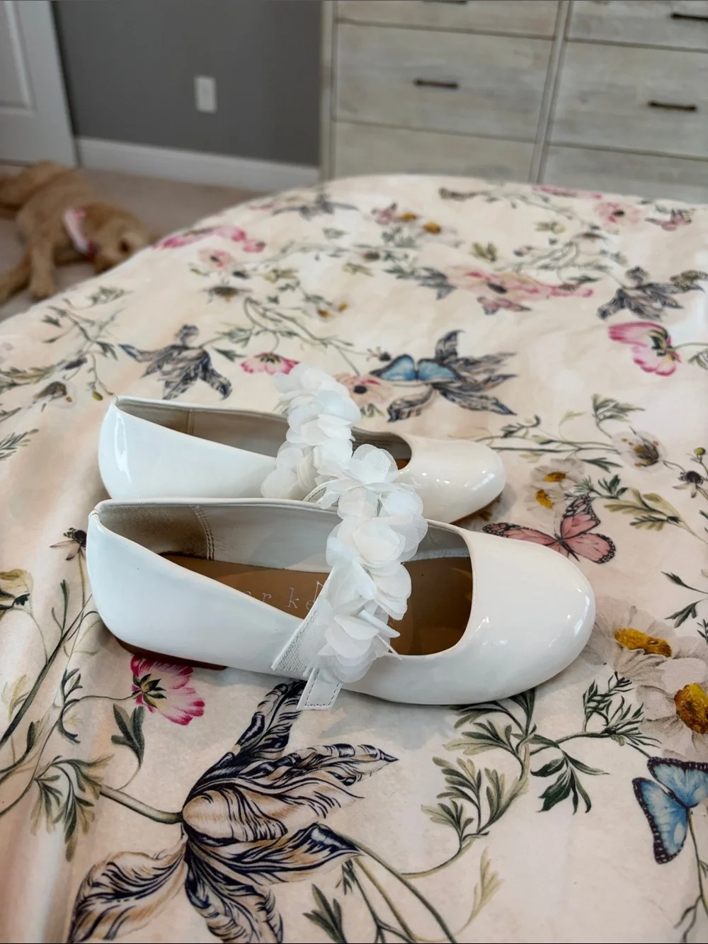 Girls' White Faux Patent Mary Jane Flats with Floral Strap